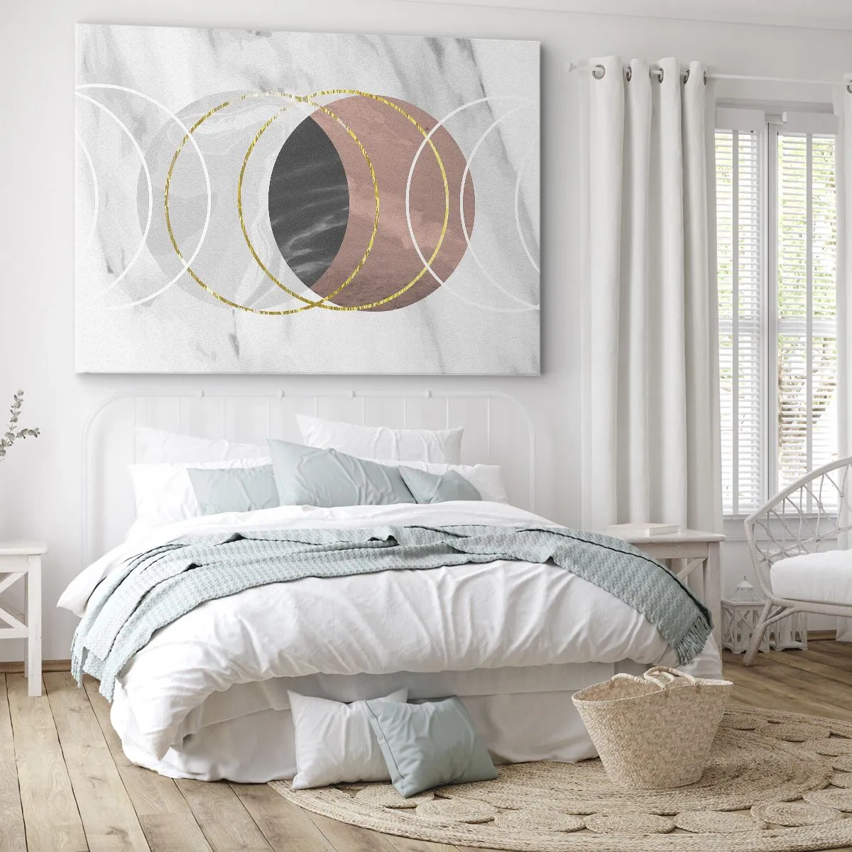 Cuadro sobre lienzo - Impresión de Imagen - Composición geométrica abstracta con círculos y detalles metálicos. - 70x50cm - Música de las esferas - Decoración de pared moderna para salón y dormitorio ARTTOR