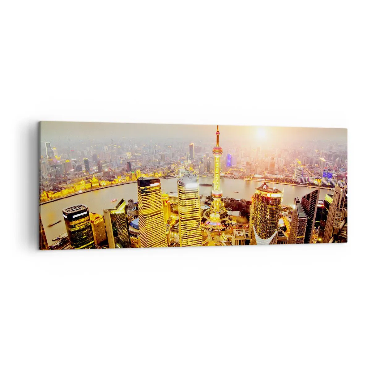 Cuadro sobre lienzo - Impresión de Imagen - Panorama de la ciudad con rascacielos al atardecer - 140x50cm - Sueño asiático - Decoración de pared moderna para salón y dormitorio ARTTOR