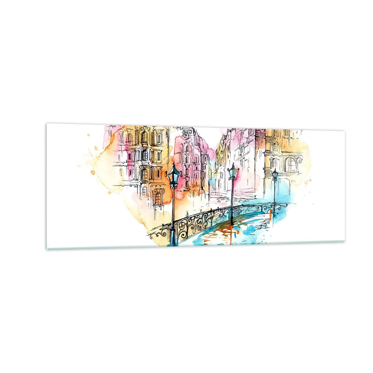 Cuadro sobre vidrio - Impresiones sobre Vidrio - Acuarela de un puente y casas de vecindad en forma de corazón - 140x50cm - El corazón de la ciudad - Decoración de pared moderna para salón y dormitorio ARTTOR