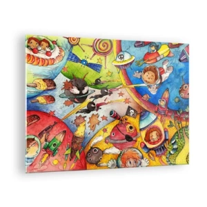 Cuadro sobre vidrio - Impresiones sobre Vidrio - Una ilustración colorida de una aventura espacial para niños. - 70x50cm - Una gran aventura cósmica - Decoración de pared moderna para salón y dormitorio ARTTOR