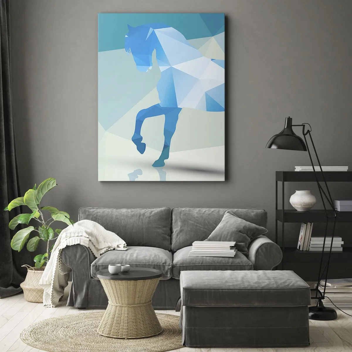 Cuadro sobre lienzo - Impresión de Imagen - Silueta geométrica de un caballo en tonos azules. - 50x70cm - Caballo geométrico en turquesa - Decoración de pared moderna para salón y dormitorio ARTTOR