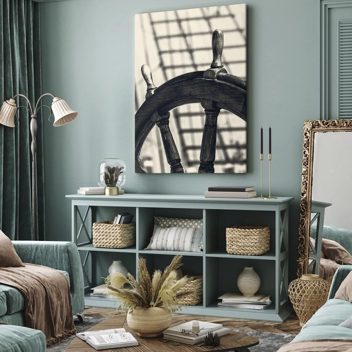 Cuadro sobre lienzo - Impresión de Imagen - Un timón de vela de estilo retro con un barco al fondo. - 50x70cm - Un cuento marino - Decoración de pared moderna para salón y dormitorio ARTTOR