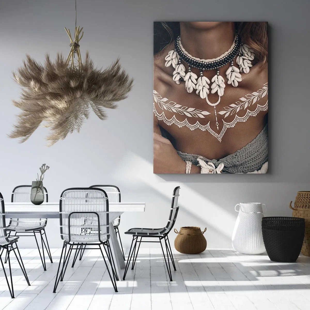 Cuadro sobre lienzo - Impresión de Imagen - Estilo boho con joyas de conchas y patrón de encaje. - 50x70cm - Talismanes, rituales de feminidad - Decoración de pared moderna para salón y dormitorio ARTTOR