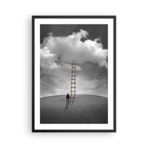 Póster en marco negro - Un hombre de pie junto a una escalera que conduce a las nubes. - 50x70cm - Todo es posible - Decoración de pared moderna para salón y dormitorio ARTTOR