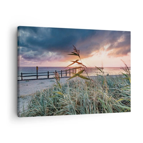 Cuadro sobre lienzo - Impresión de Imagen - Playa al atardecer con hierbas en primer plano - 70x50cm - Bailando con el viento - Decoración de pared moderna para salón y dormitorio ARTTOR