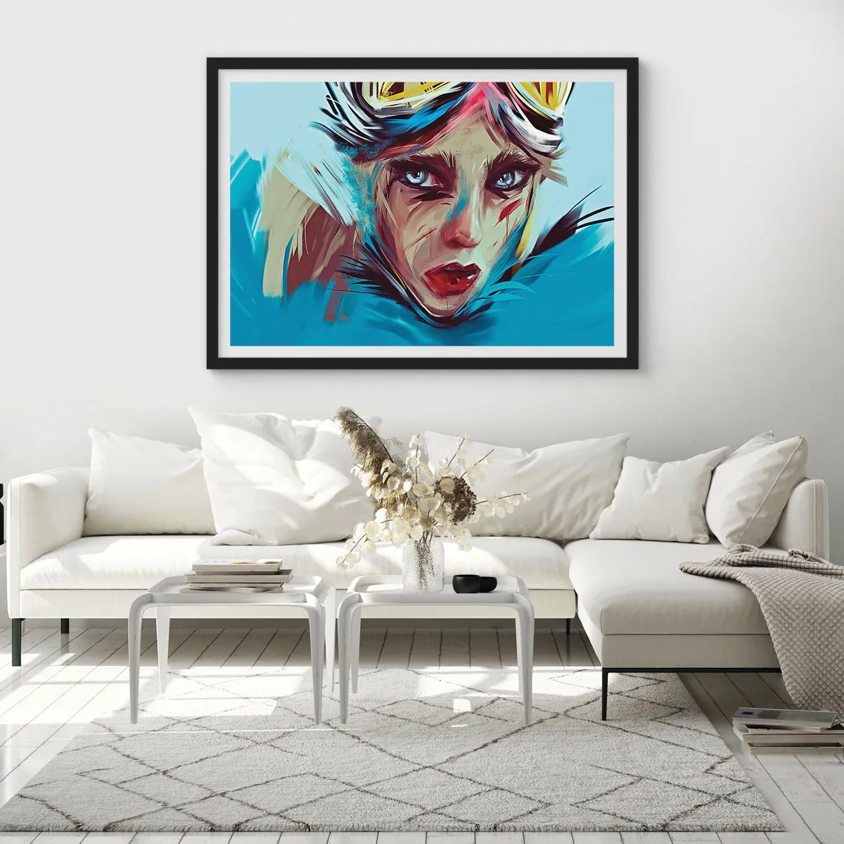Póster en marco negro - Retrato de una mujer en colores dinámicos y estilo abstracto. - 70x50cm - Guerrera colorida - Decoración de pared moderna para salón y dormitorio ARTTOR