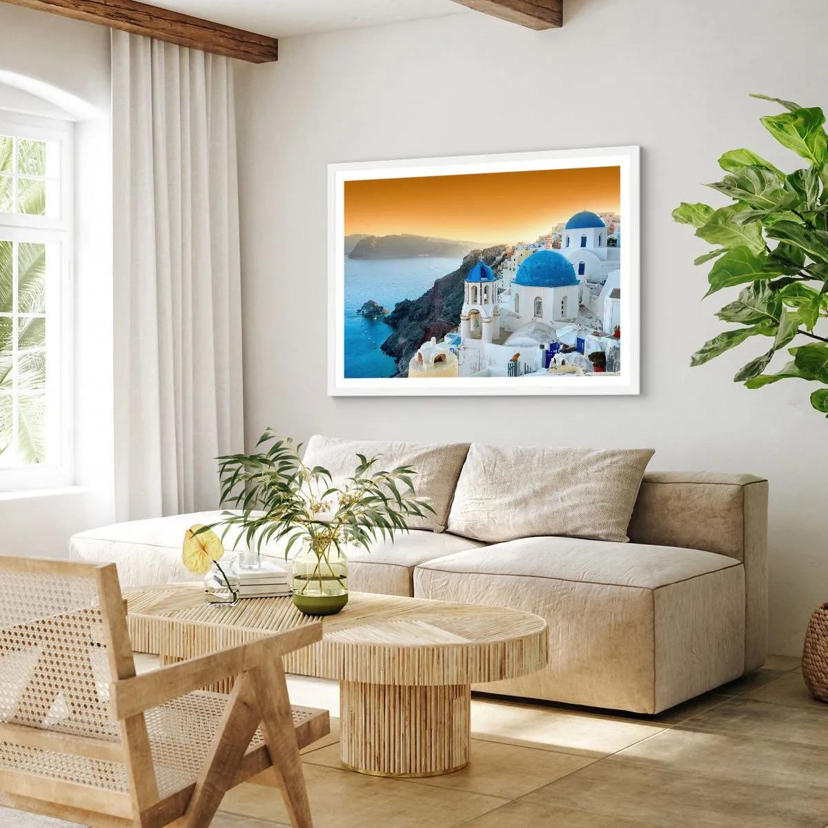 Póster en marco blanco - Santorini - el abrazo a las rocas - 100x70 cm