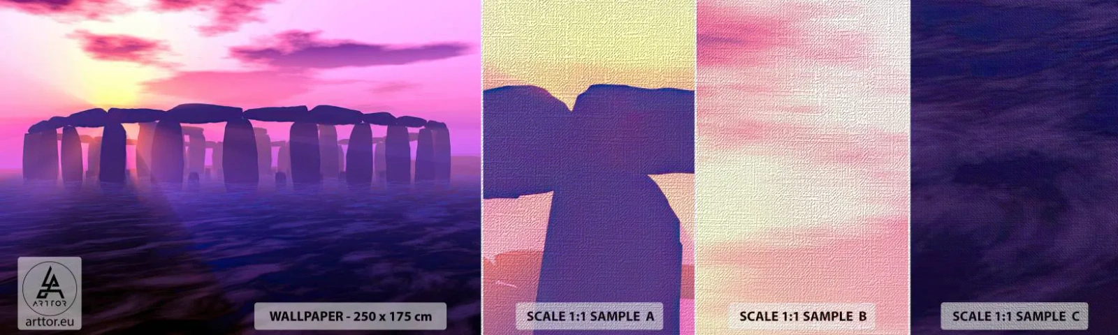 Muestra de fotomural Premium Canvas - Misterio al amanecer en la niebla - Arquitectura, Stonehenge, Círculos de piedra - 100x30 cm