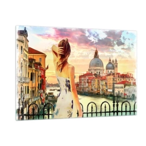 Cuadro sobre vidrio - Impresiones sobre Vidrio - Una mujer admira la vista de Venecia al atardecer. - 120x80cm - Escapada de fin de semana - Decoración de pared moderna para salón y dormitorio ARTTOR