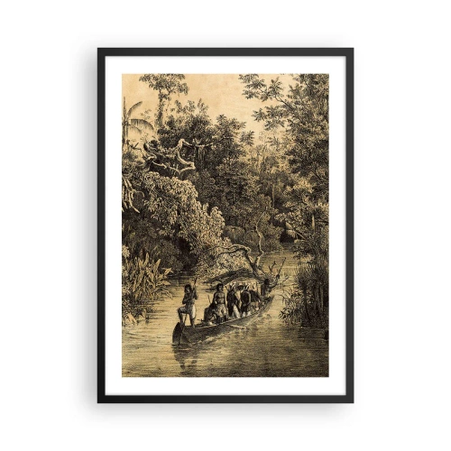 Póster en marco negro - Un grabado de un bosque tropical y un barco en un río. - 50x70cm - Expedición a la fuente - Decoración de pared moderna para salón y dormitorio ARTTOR