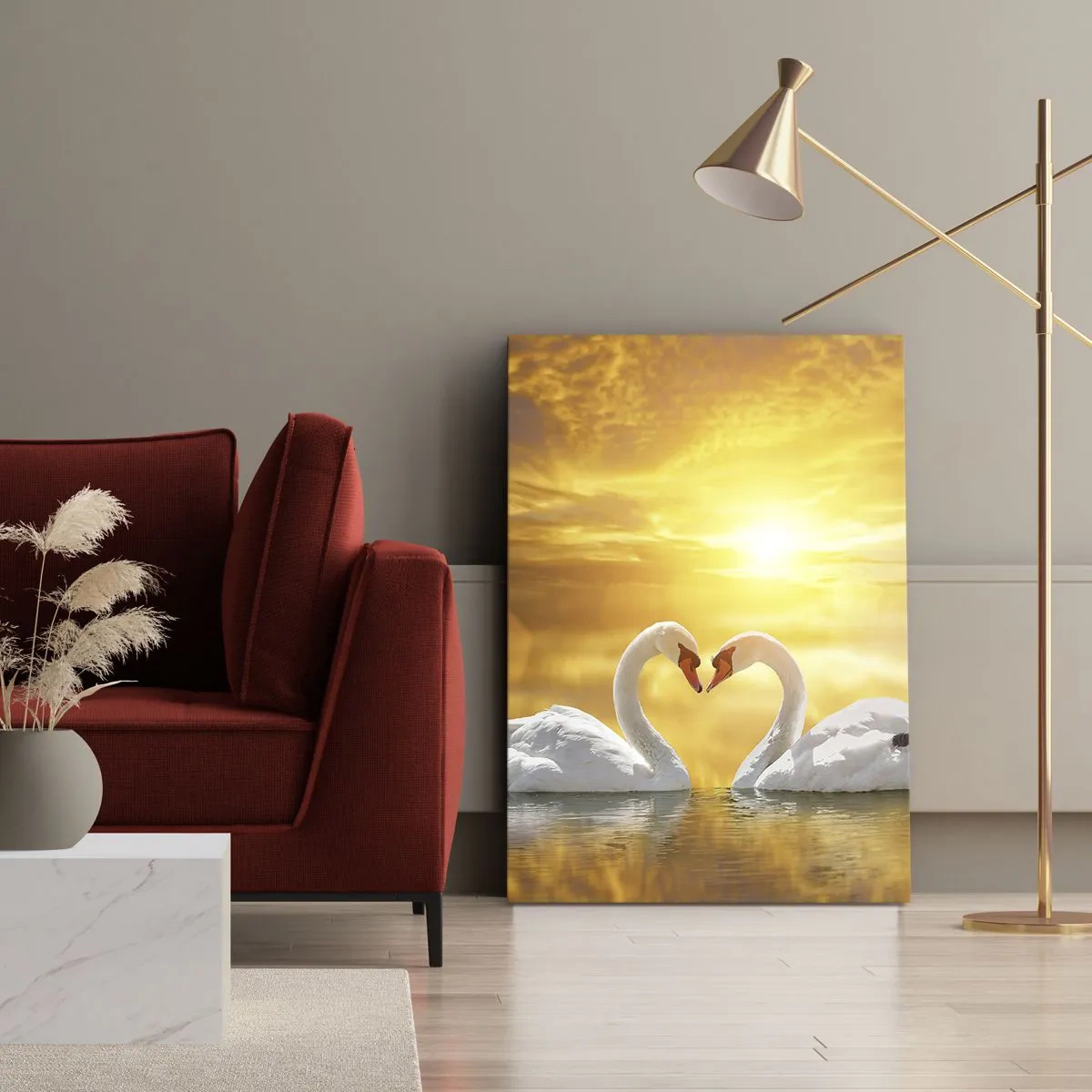 Cuadro sobre lienzo - Impresión de Imagen - Una escena romántica de dos cisnes formando un corazón con el telón de fondo de una puesta de sol dorada. - 50x70cm - Corazón es la palabra más bella del mundo... - Decoración de pared moderna para salón y dormi