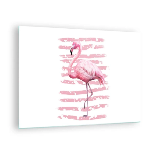 Cuadro sobre vidrio - Impresiones sobre Vidrio - Un flamenco rosa sobre un fondo de artísticas rayas rosas. - 70x50cm - Flamenco veraniego - Decoración de pared moderna para salón y dormitorio ARTTOR