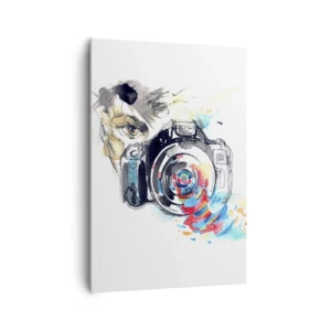 Cuadro sobre lienzo - Impresión de Imagen - Cámara de acuarela con detalles coloridos. - 70x100cm - En el objetivo - Decoración de pared moderna para salón y dormitorio ARTTOR
