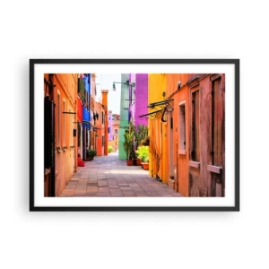 Póster en marco negro - Una calle colorida con casas de vecindad en tonos claros - 70x50cm - El callejón arco iris - Decoración de pared moderna para salón y dormitorio ARTTOR