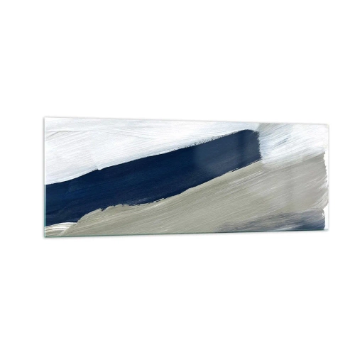 Cuadro sobre vidrio - Impresiones sobre Vidrio - Pinceladas abstractas en tonos azules y grises - 140x50cm - Encuentro con el blanco - Decoración de pared moderna para salón y dormitorio ARTTOR