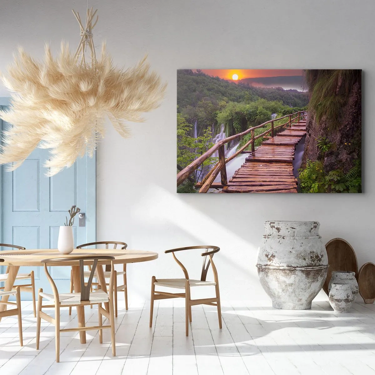 Cuadro sobre lienzo - Impresión de Imagen - Un puente con vistas a las cataratas al atardecer. - 70x50cm - Una belleza inimaginable - Decoración de pared moderna para salón y dormitorio ARTTOR