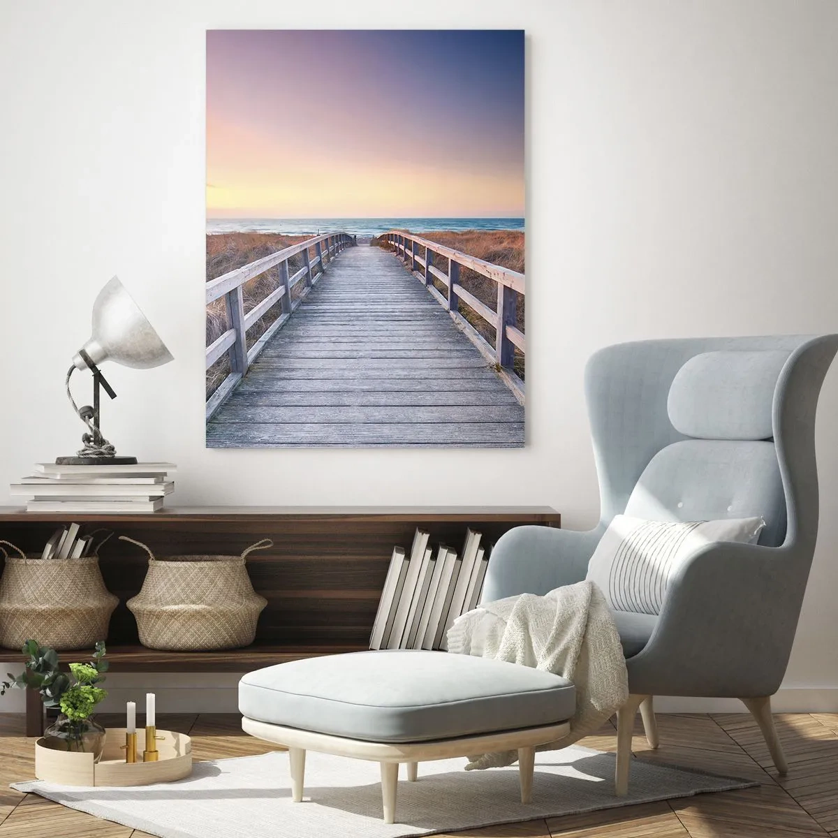 Cuadro sobre vidrio - Impresiones sobre Vidrio - Un embarcadero de madera que conduce a la playa al atardecer con el cielo pintado en colores pastel. - 80x120cm - Aurora vespertina del Báltico - Decoración de pared moderna para salón y dormitorio ARTTOR