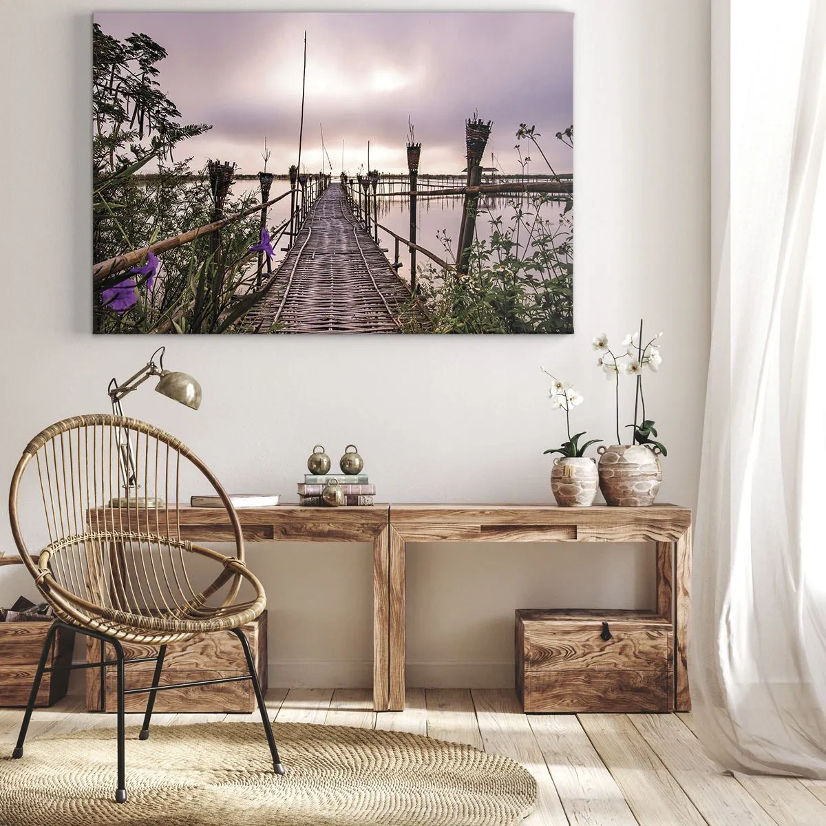 Cuadro sobre lienzo - Impresión de Imagen - Puente de bambú sobre el agua al amanecer - 120x80cm - La tranquilidad de Asia - Decoración de pared moderna para salón y dormitorio ARTTOR