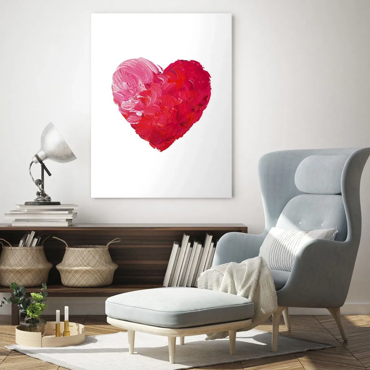Cuadro sobre vidrio - Impresiones sobre Vidrio - Corazón abstracto pintado con trazos rojos - 50x70cm - All you need is love - Decoración de pared moderna para salón y dormitorio ARTTOR