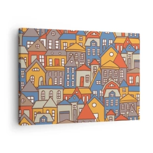 Cuadro sobre lienzo - Impresión de Imagen - Casas coloridas en estilo gráfico sobre un fondo claro. - 70x50cm - Casa tras casa - Decoración de pared moderna para salón y dormitorio ARTTOR