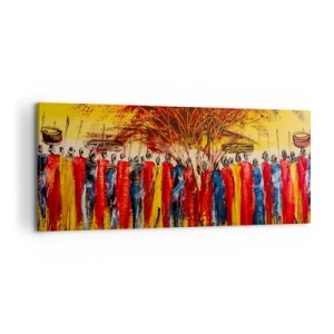 Cuadro sobre lienzo - Impresión de Imagen - Una escena colorida con figuras africanas con el sol poniente como telón de fondo. - 120x50cm - Allí, allí, allí van - Decoración de pared moderna para salón y dormitorio ARTTOR