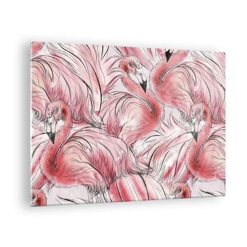 Cuadro sobre vidrio - Impresiones sobre Vidrio - Flamencos rosados en un estilo de dibujos animados decorativos. - 70x50cm - Ballet de aves - Decoración de pared moderna para salón y dormitorio ARTTOR