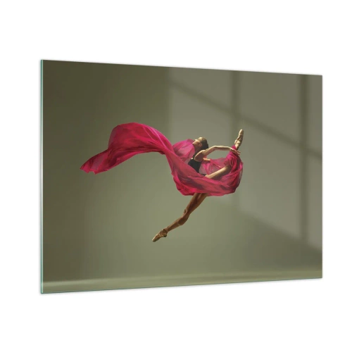 Cuadro sobre vidrio - Impresiones sobre Vidrio - Una bailarina en vuelo con una tela fucsia fluida. - 100x70cm - Llama danzante - Decoración de pared moderna para salón y dormitorio ARTTOR
