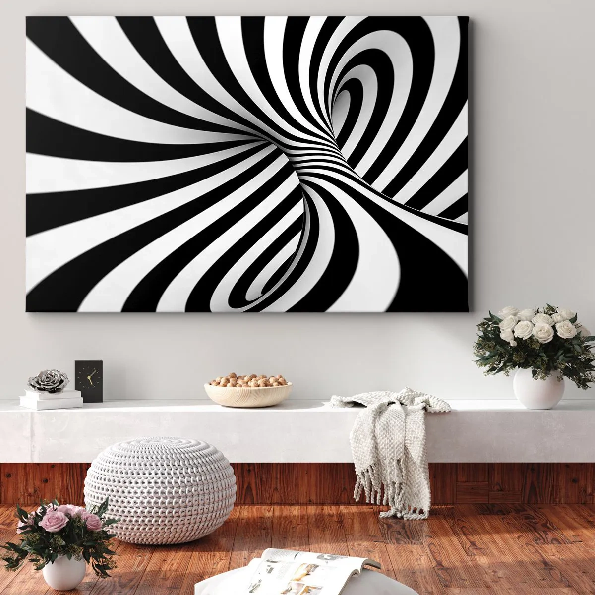 Cuadro sobre lienzo - Impresión de Imagen - Túnel abstracto con rayas espirales blancas y negras - 120x80cm - Composición: espacio de baile - Decoración de pared moderna para salón y dormitorio ARTTOR