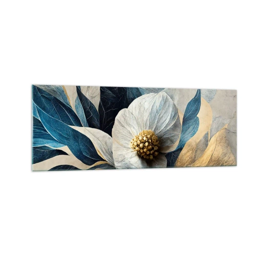 Cuadro sobre vidrio - Impresiones sobre Vidrio - Una flor con hojas azules sobre un fondo elegante. - 140x50cm - Con un corazón de oro - Decoración de pared moderna para salón y dormitorio ARTTOR