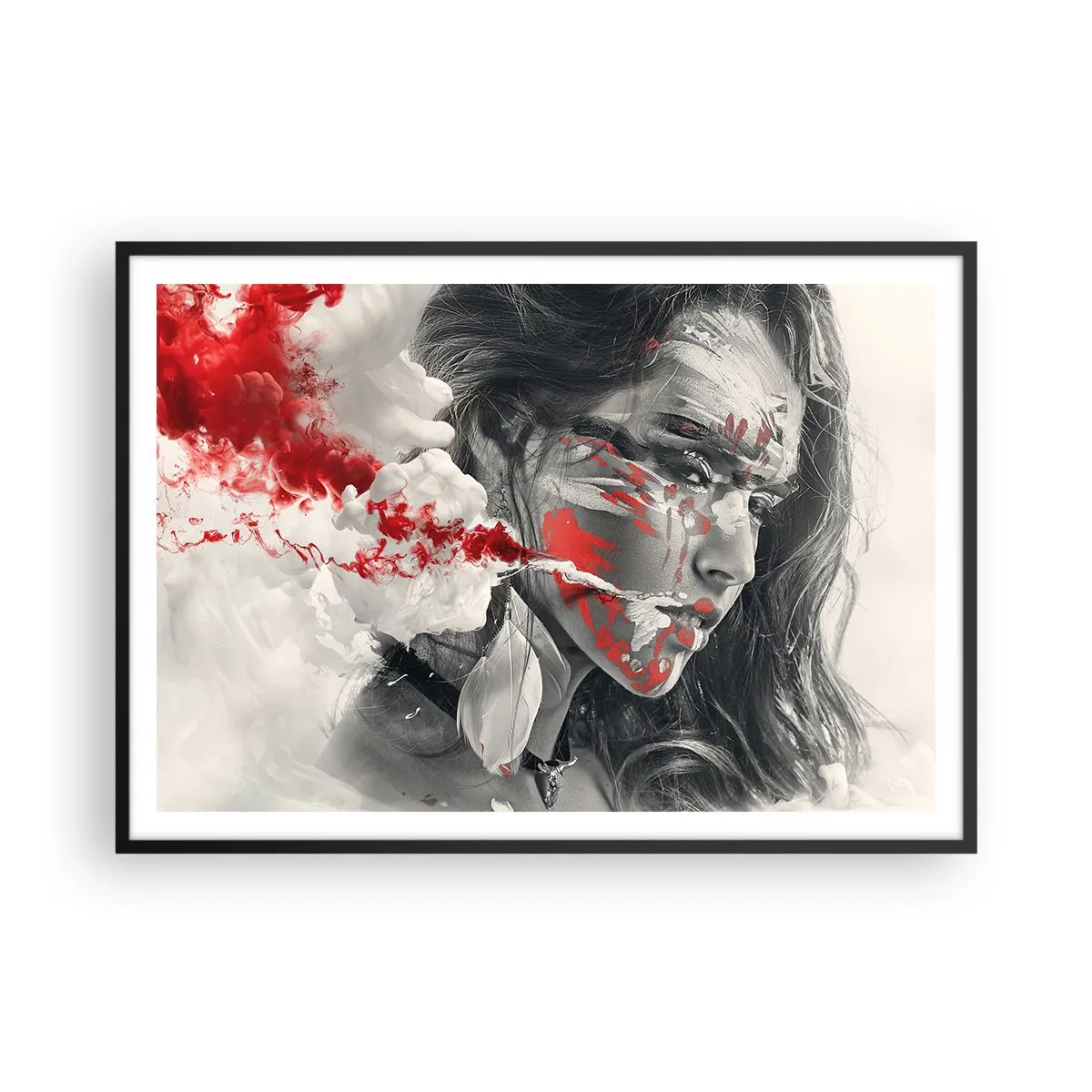 Póster en marco negro - Retrato artístico de una mujer con acentos rojos abstractos. - 100x70cm - En los humos del absurdo - Decoración de pared moderna para salón y dormitorio ARTTOR