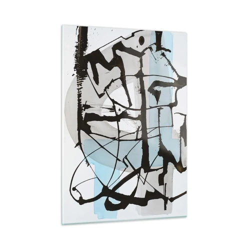 Cuadro sobre vidrio - Impresiones sobre Vidrio - Composición abstracta con un boceto negro y manchas azules. - 50x70cm - Azul a pesar de todo - Decoración de pared moderna para salón y dormitorio ARTTOR