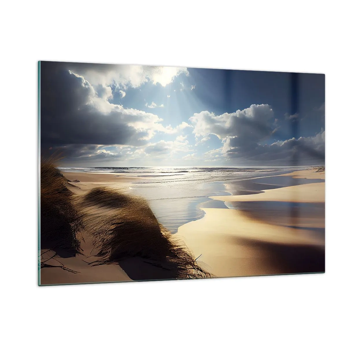 Cuadro sobre vidrio - Impresiones sobre Vidrio - Una playa salvaje iluminada por los rayos del sol debajo de las nubes. - 120x80cm - Playa, playa salvaje - Decoración de pared moderna para salón y dormitorio ARTTOR