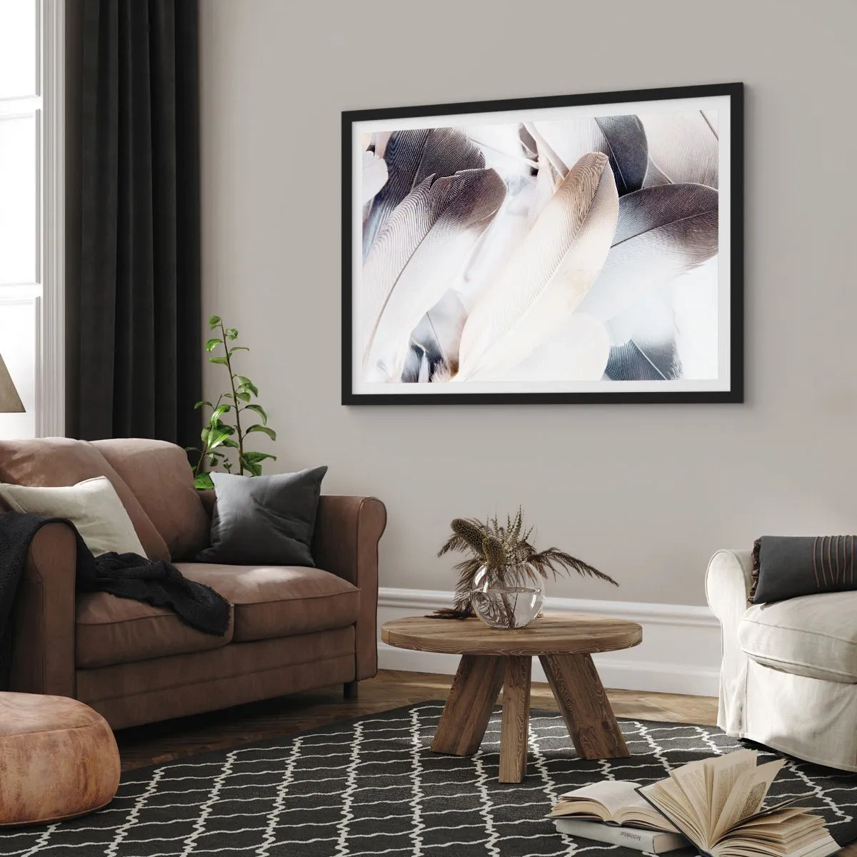 Póster en marco negro - Primer plano de delicadas plumas en tonos blancos y grises. - 70x50cm - Casi angelical - Decoración de pared moderna para salón y dormitorio ARTTOR