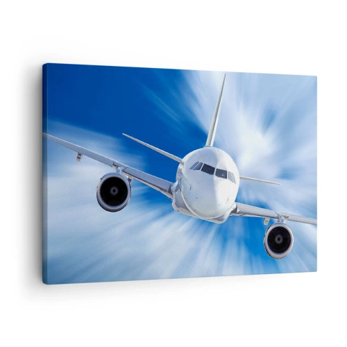 Cuadro sobre lienzo - Impresión de Imagen - Un avión de pasajeros en movimiento contra el cielo. - 70x50cm - Más rápido que el viento en el cielo - Decoración de pared moderna para salón y dormitorio ARTTOR