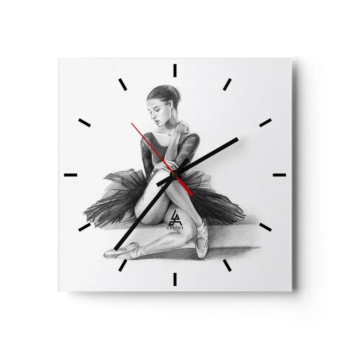 Reloj de pared - Reloj de vidrio - Un boceto de una bailarina en un estilo sutil y clásico. - 30x30cm - Amante de la danza - Decoración de pared moderna para salón y dormitorio ARTTOR
