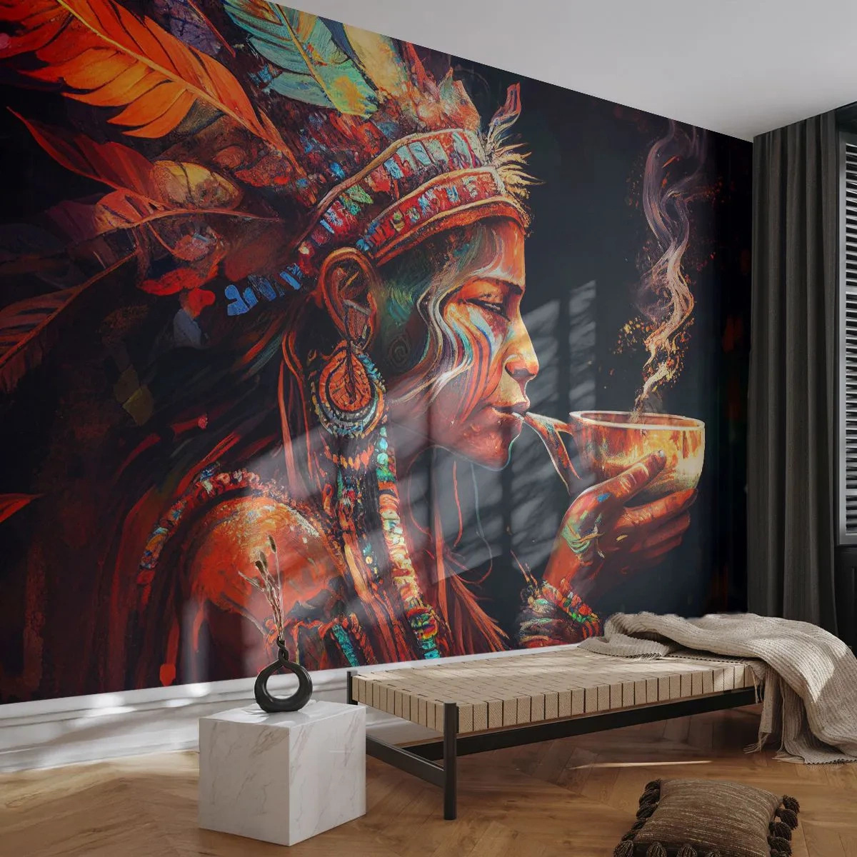 Fotomural Premium Sand - Una mujer con un tocado de plumas con una infusión ritual. - 100x70cm - Un ritual mágico - Decoración de pared moderna para salón y dormitorio ARTTOR