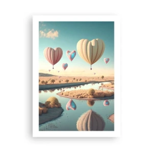 Póster - Globos en forma de corazón flotando sobre el paisaje. - 50x70cm - El amor te hace volar - Decoración de pared moderna para salón y dormitorio ARTTOR