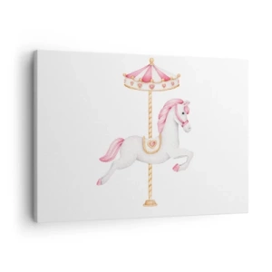 Cuadro sobre lienzo - Impresión de Imagen - Un caballo de carrusel en tonos pastel de rosa. - 70x50cm - Partió al galope - Decoración de pared moderna para salón y dormitorio ARTTOR