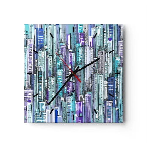 Reloj de pared - Reloj de vidrio - Ilustración de una ciudad con edificios geométricos en tonos azules y morados. - 30x30cm - Azul del cielo - Decoración de pared moderna para salón y dormitorio ARTTOR