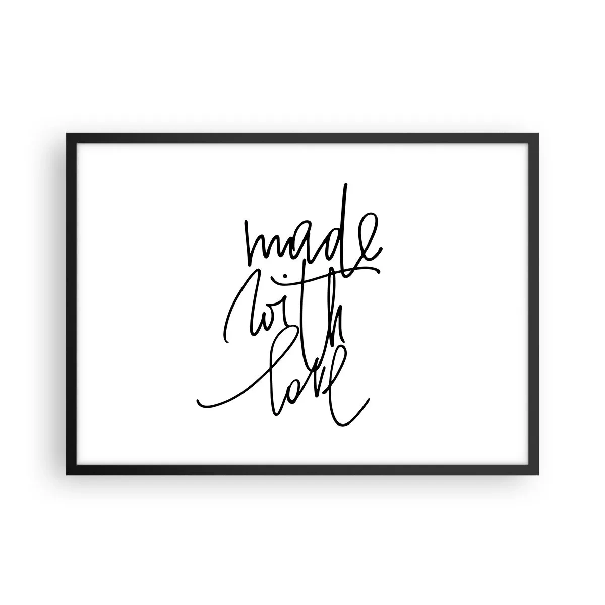 Póster en marco negro - Inscripción negra "Hecho con amor" sobre fondo blanco. - 70x50cm - La mejor marca - Decoración de pared moderna para salón y dormitorio ARTTOR