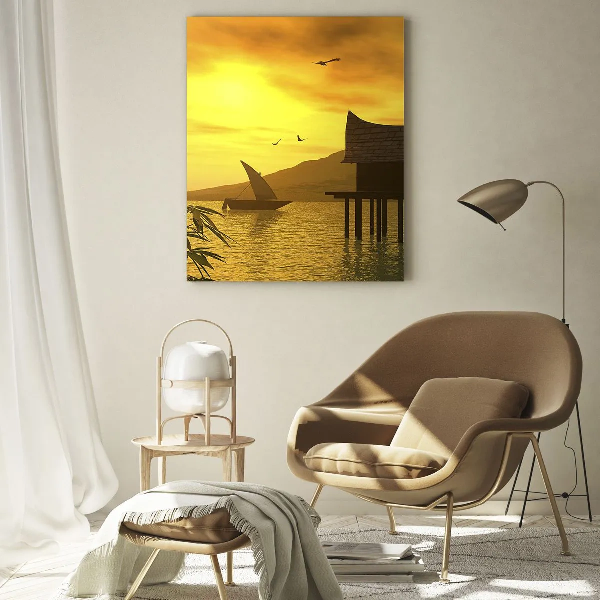Cuadro sobre vidrio - Impresiones sobre Vidrio - Puesta de sol tropical sobre el agua con casa de madera sobre pilotes. - 70x100cm - La ansiada paz - Decoración de pared moderna para salón y dormitorio ARTTOR