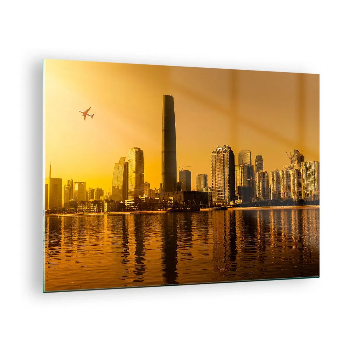 Cuadro sobre vidrio - Impresiones sobre Vidrio - Una ciudad moderna con rascacielos al atardecer. - 70x50cm - La ciudad dorada - Decoración de pared moderna para salón y dormitorio ARTTOR