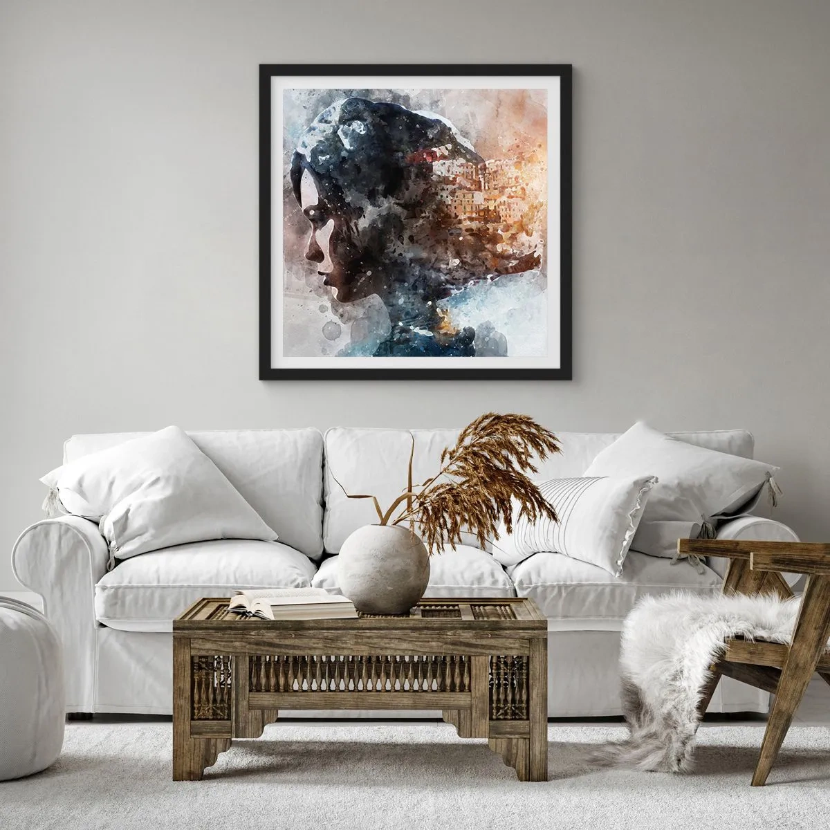 Póster en marco negro - Una historia sobre una niña con una ciudad de fondo - 60x60 cm