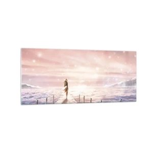 Cuadro sobre vidrio - Impresiones sobre Vidrio - Una mujer en un embarcadero en un entorno mágico de puesta de sol. - 120x50cm - A la luz de un sueño - Decoración de pared moderna para salón y dormitorio ARTTOR