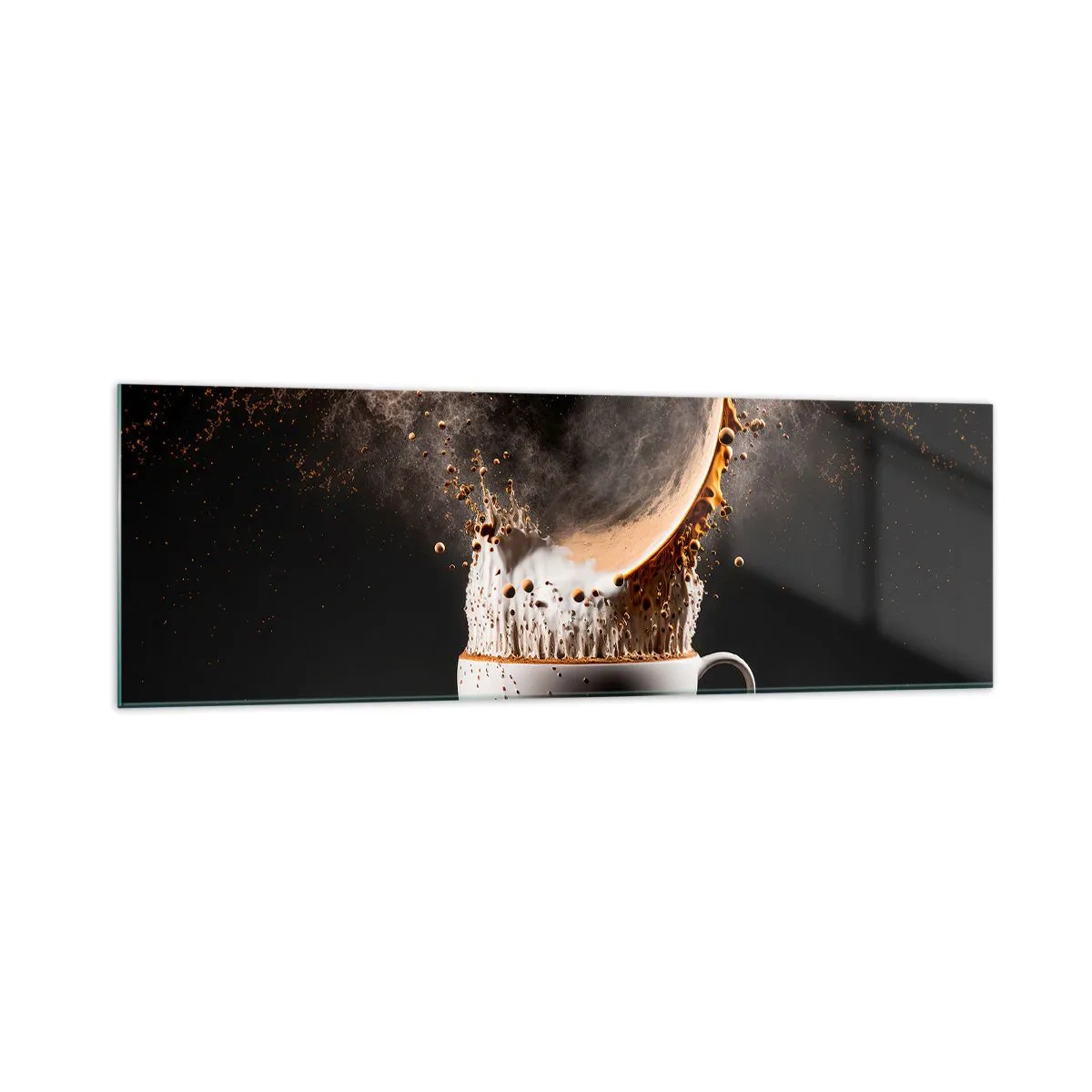 Cuadro sobre vidrio - Impresiones sobre Vidrio - Una taza de café con una explosión dinámica de líquido sobre un fondo negro. - 160x50cm - Una explosión de sabor - Decoración de pared moderna para salón y dormitorio ARTTOR