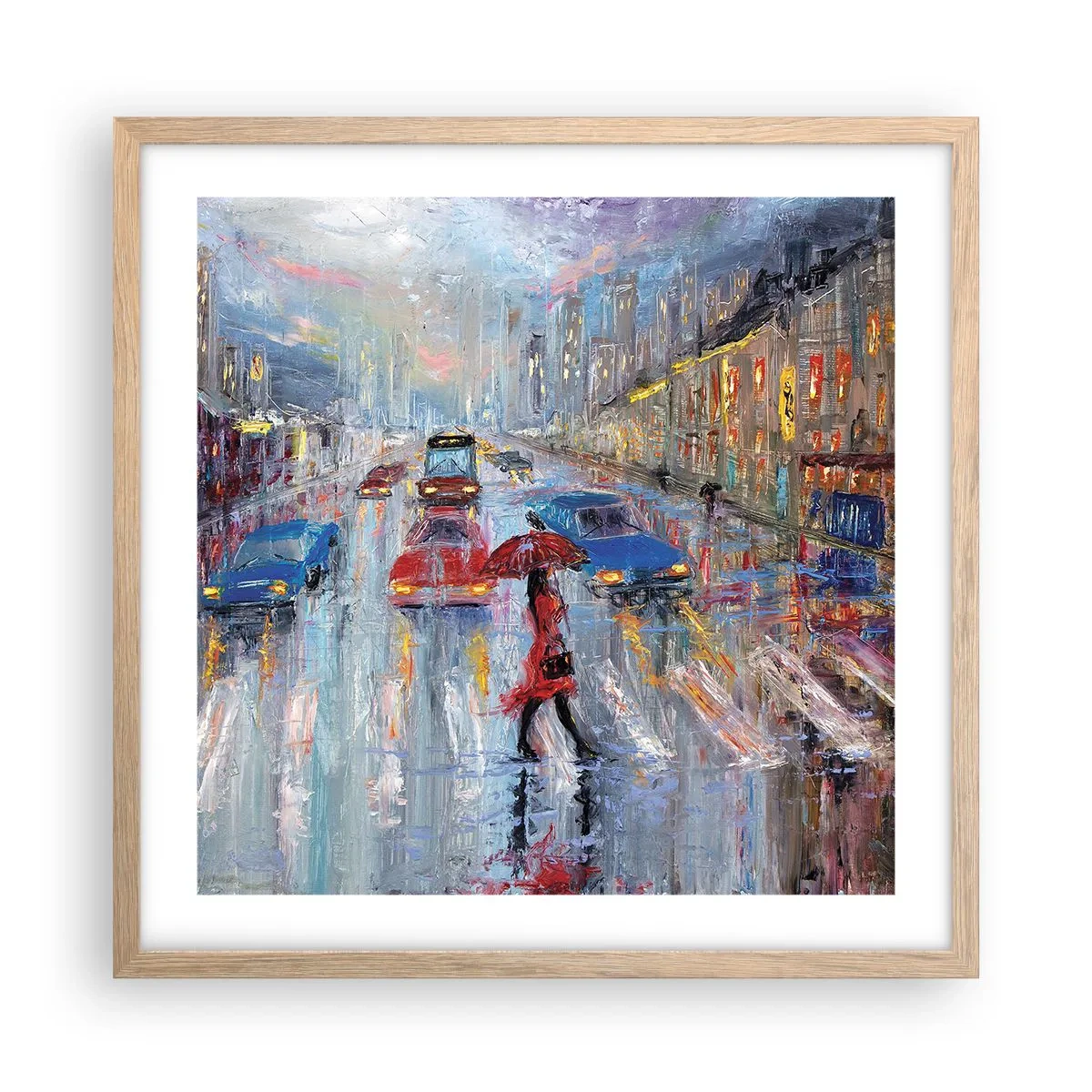 Póster en marco roble claro - Una tarde de lluvia en la ciudad - 50x50 cm