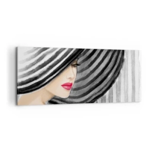 Cuadro sobre lienzo - Impresión de Imagen - Mujer con un sombrero blanco y negro con acento rojo. - 120x50cm - ¿Dónde puedo encontrarte? - Decoración de pared moderna para salón y dormitorio ARTTOR