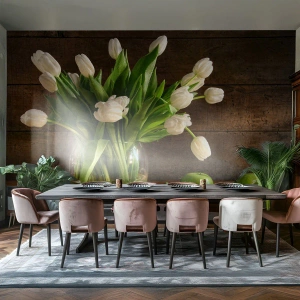 Fotomural Premium Sand - Jugoso y fresco en verde y blanco - flores, tulipanes, Ramo de flores - 250x175 cm