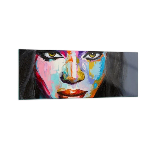 Cuadro sobre vidrio - Impresiones sobre Vidrio - Un retrato colorido de una mujer con una mirada intensa. - 140x50cm - Mirada penetrante - Decoración de pared moderna para salón y dormitorio ARTTOR