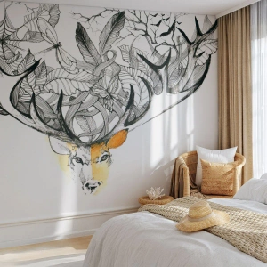 Fotomural Standard Eco - Un ciervo de dibujos animados con astas en forma de hojas y ramas. - 100x70cm - Cuernos de la abundancia - Decoración de pared moderna para salón y dormitorio ARTTOR